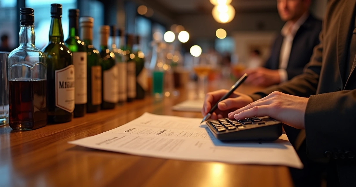 Balcão de bar com garrafas, copos e planilhas de controle financeiro 