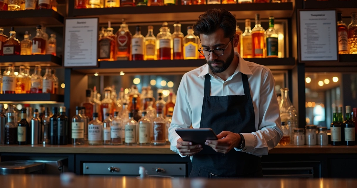 Bartender controlando estoque de bebidas em bar 