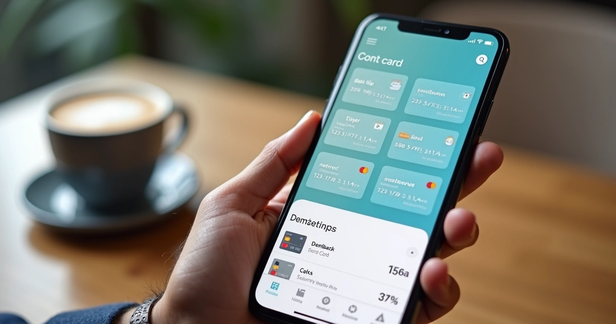 Usuário controlando vários cartões e benefícios de pontos e cashback em um aplicativo. 