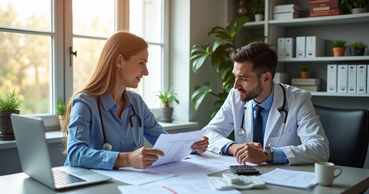 Médico e gestora analisando fluxo de caixa em clínica 