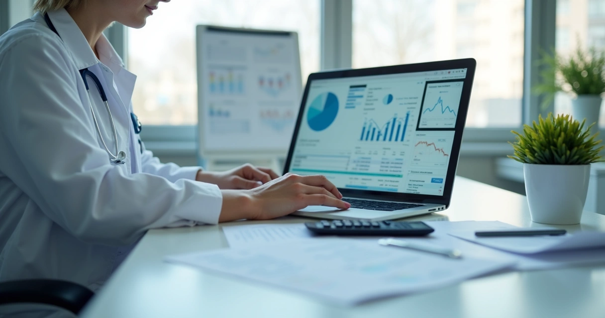 Gestor analisando fluxo de caixa da clínica em notebook