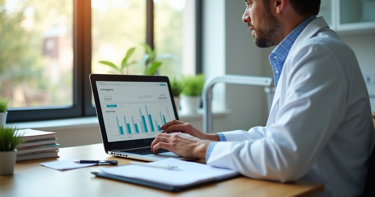 Dentista utilizando notebook para controlar o caixa de uma clínica