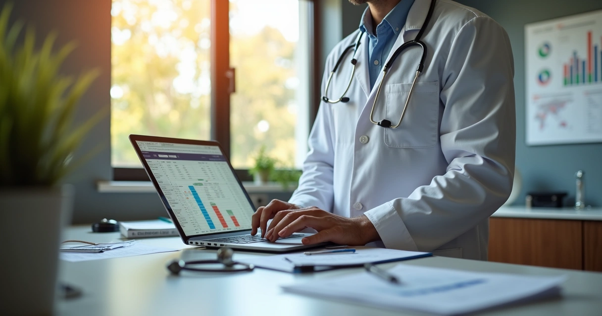 Veterinário analisando fluxo de caixa em clínica, laptop aberto com planilha de controle financeiro 