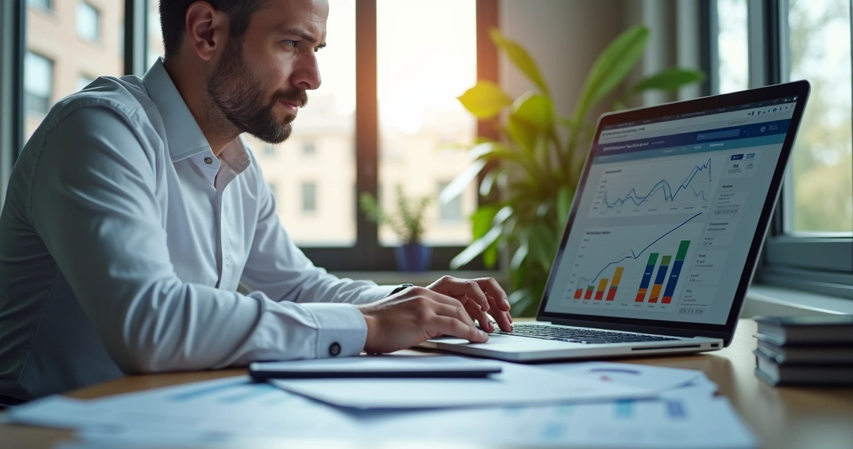 Pessoa analisando extrato financeiro no notebook com gráficos e planilhas 