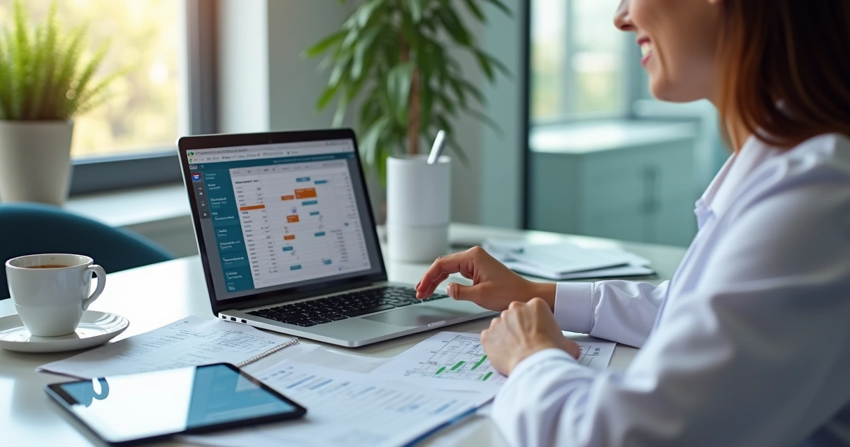 Dentista em escritório organizando documentos financeiros e anotando receitas e despesas no computador 