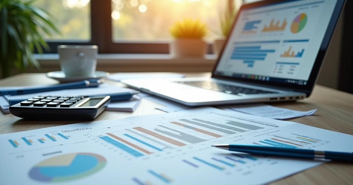 Mesa com documentos financeiros, laptop exibindo gráficos de controle de caixa e calculadora ao lado 