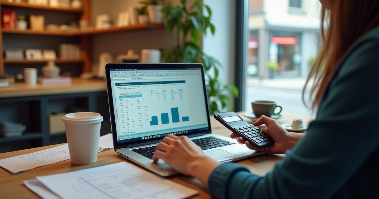 Pessoa digitando em laptop analisando tela de fluxo de caixa em mesa de escritório. 