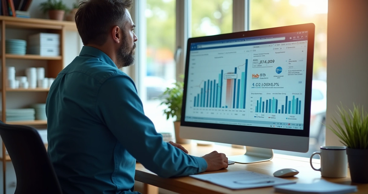 Gestor de loja de varejo acompanhando fluxo de caixa em computador 