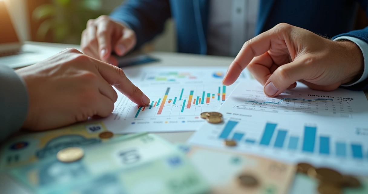 Duas mãos apontando para gráficos financeiros em uma mesa com papel moeda, destacando entradas e saídas de dinheiro 