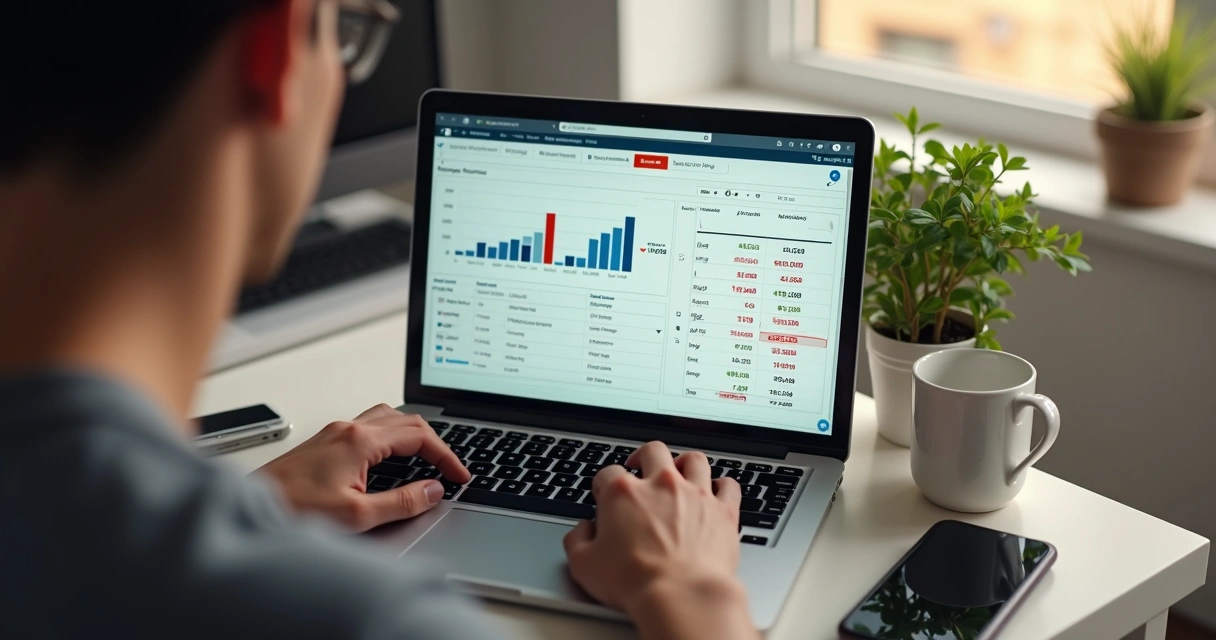 Pessoa digitando em notebook planilha de caixa com gráficos e números 