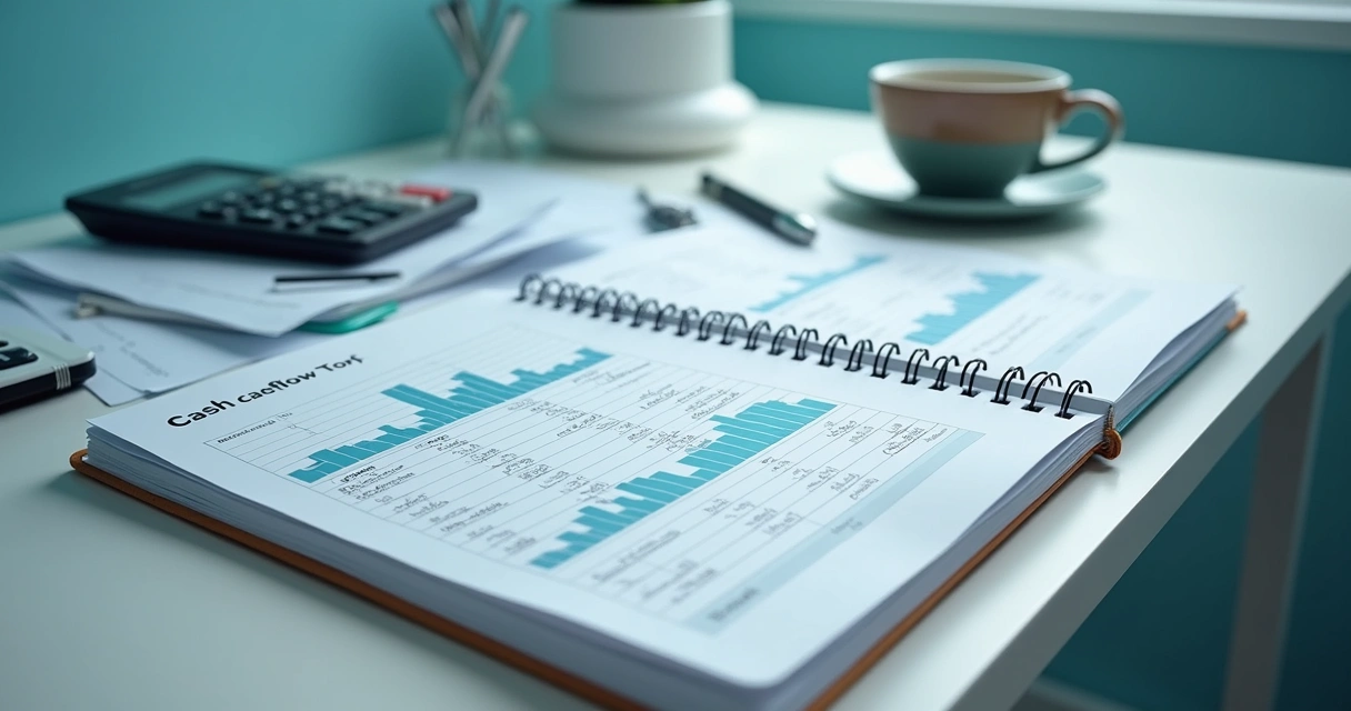 Mesa de escritório com notebook, extratos financeiros e caneca de café