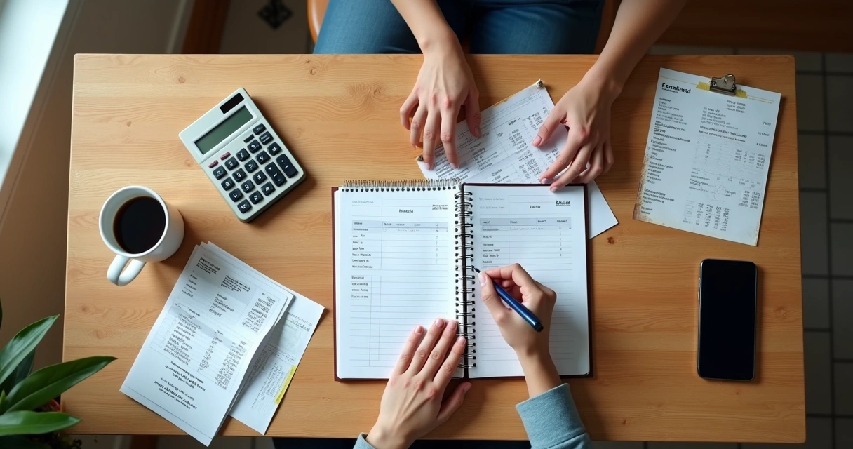 Pessoa anotando vendas e despesas em caderno com folhas de contas e uma calculadora 