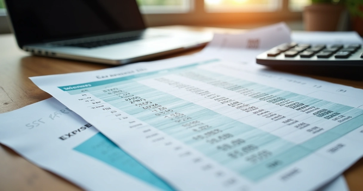 Planilha de controle de caixa de pequena empresa em destaque na mesa, com papéis e laptop ao fundo. 