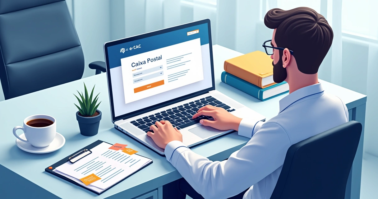 Profissional acessando portal e-CAC em um notebook, com tela exibindo Caixa Postal, ambiente de escritório moderno e elementos fiscais à volta 