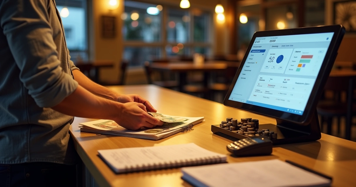 Gestor conferindo controle de caixa em restaurante com PDV digital e dinheiro em mãos 