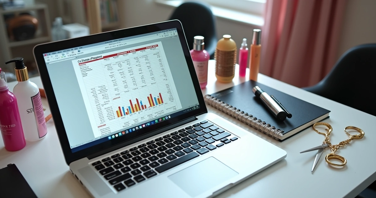Planilha de fluxo de caixa aberta em um notebook ao lado de itens de salão de beleza 