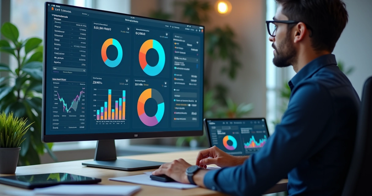 Pessoa analisando tela de computador com gráficos financeiros coloridos 