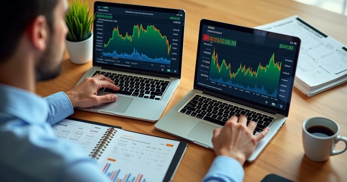 Controle cambial do faturamento em dólar para brasileiros nos EUA 2 Empreendedor brasileiro analisando câmbio em mesa com dólares e reais