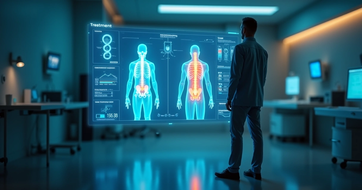 Silhueta masculina diante de painel digital com destaque para próstata e ossos 