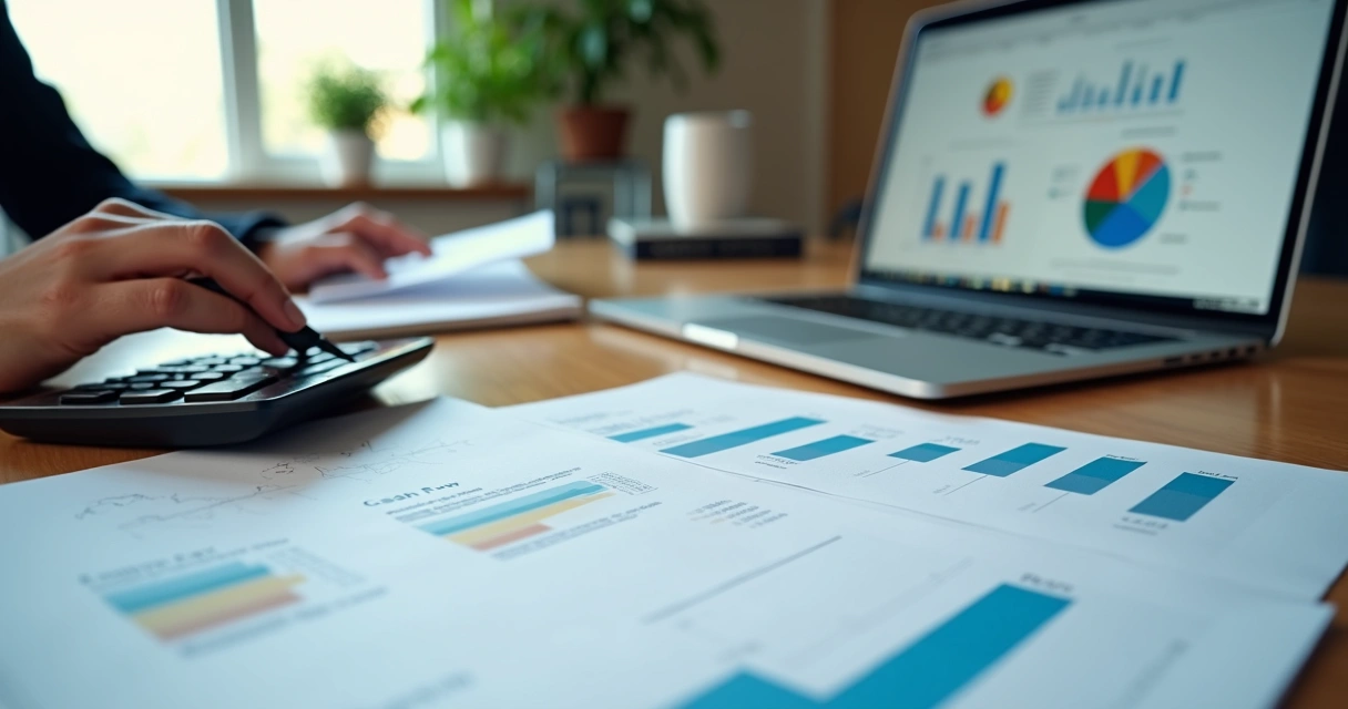 Mesa de escritório com calculadora, planilhas financeiras, laptop aberto com gráficos de fluxo de caixa e mãos segurando caneta para anotar 