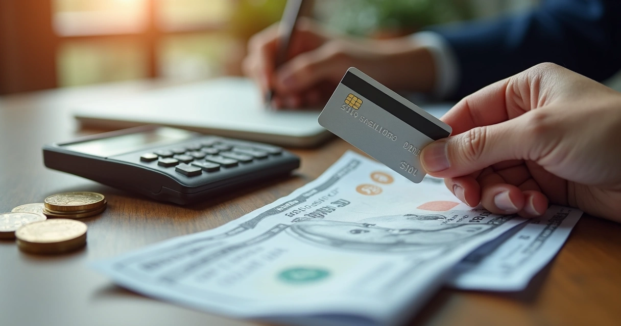 Mão segurando cartão de crédito e fatura ao lado de calculadora 