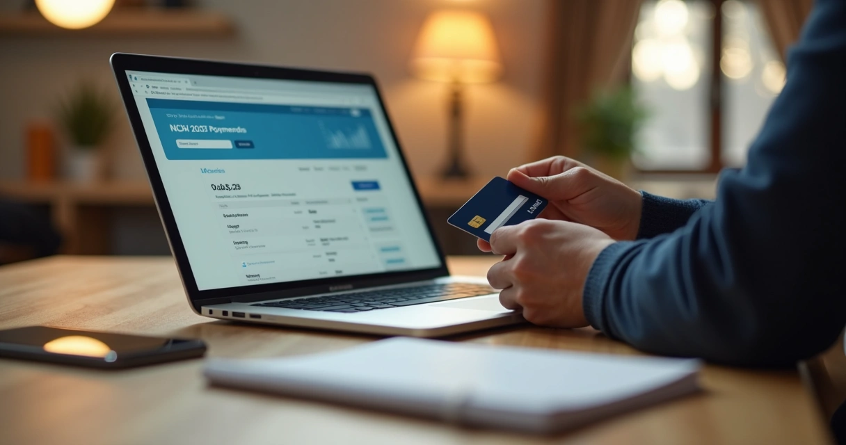 Pessoa analisando extratos bancários no computador com cartão de débito ao lado 