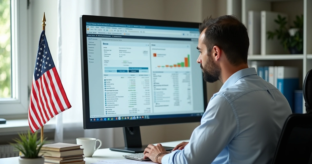 Como usar cartão de débito comercial nos EUA sem cometer erros 2 Empresário controlando extratos de cartão em tela de computador