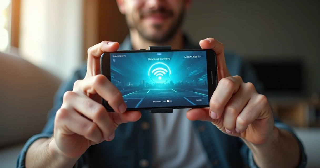 Pessoa segurando controle acoplado ao celular com jogo de nuvem aberto 