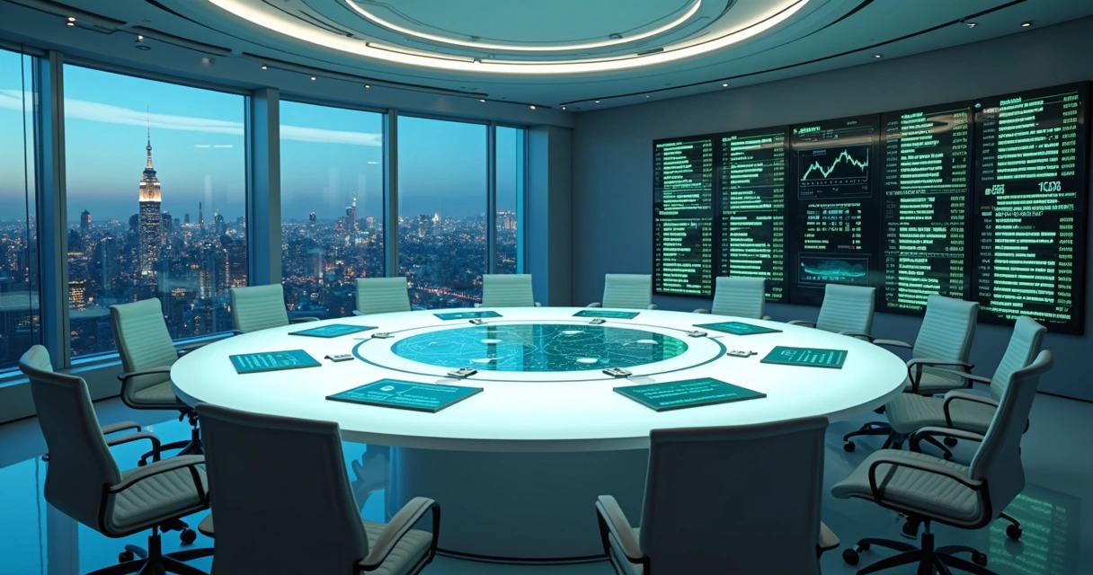 Sala de controle financeira com grande mesa central iluminada e telas organizadas ao redor 