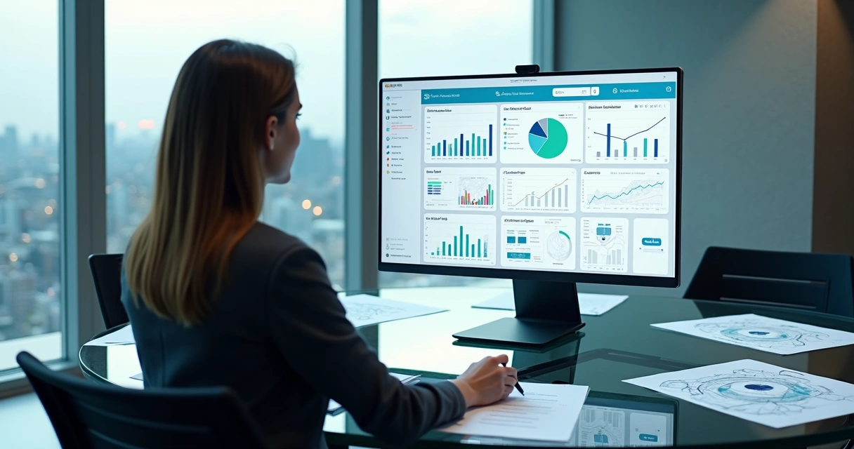 Diretora analisando painel central de gestão empresarial em mesa redonda moderna 