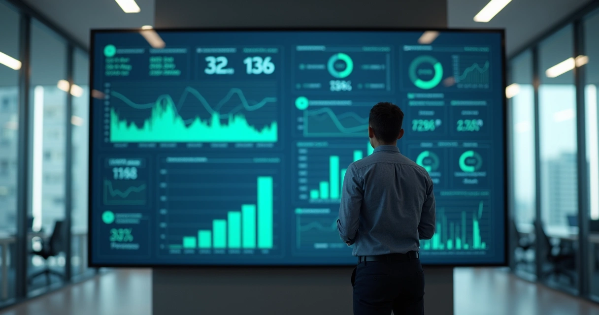 Gestora visualizando painel com relatórios de notas fiscais em tela grande
