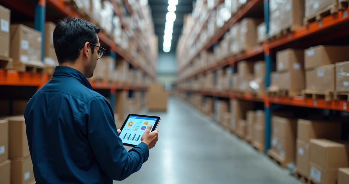 Pessoa usando tablet para controlar estoque em armazém claro e organizado 