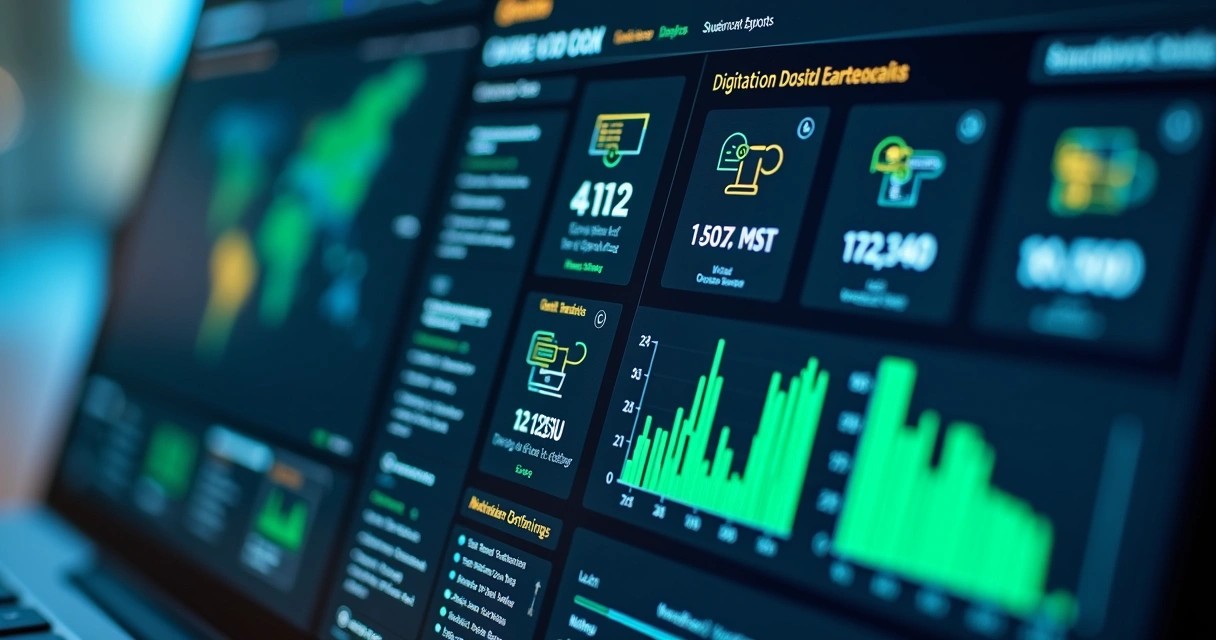 Painel de controle digital mostrando dados de certificados, QR Codes e relatórios de auditoria 