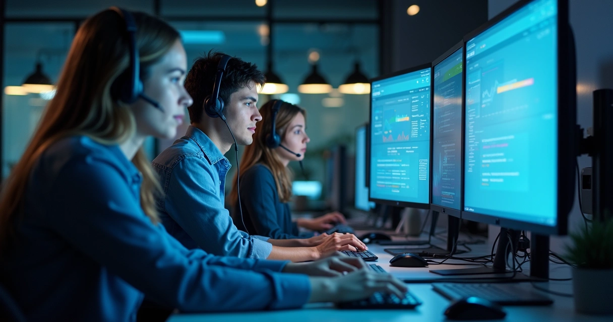 Equipe de suporte SaaS focada, analisando painéis de cliente e indicadores de churn 