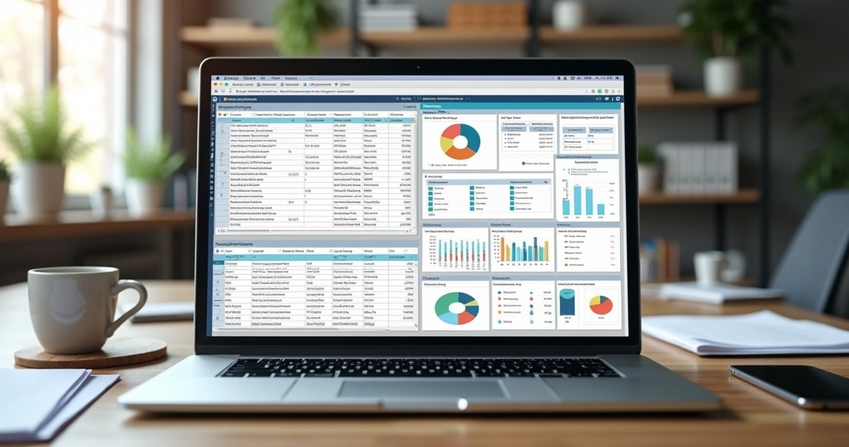 Mesa de escritório com laptop mostrando planilha de controle e tela de plataforma digital para gestão de clientes de leilão, com gráficos e listas visíveis 