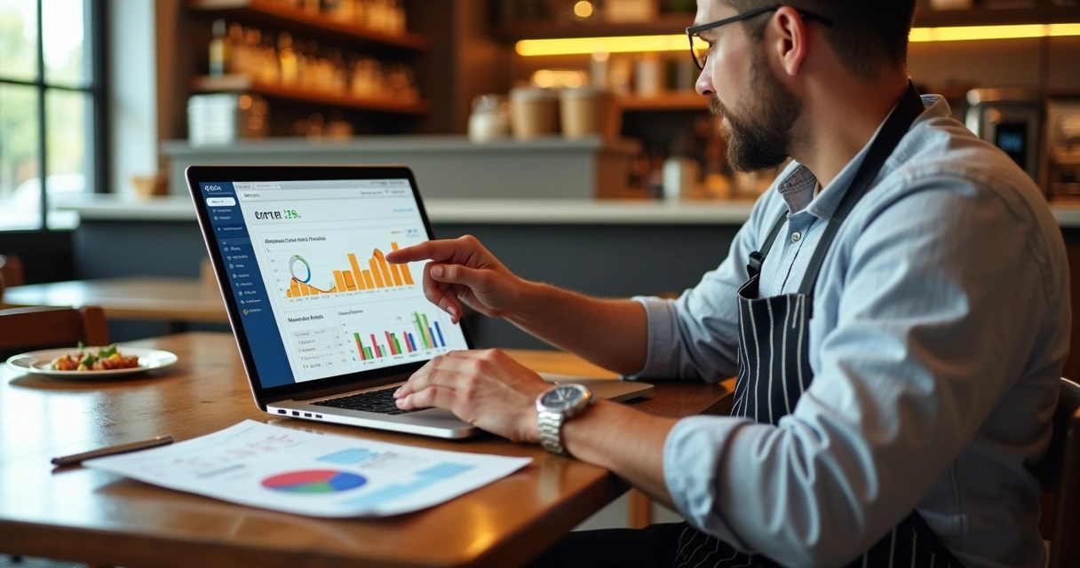 Gestor analisando gráficos de CMV em notebook sobre mesa de restaurante 