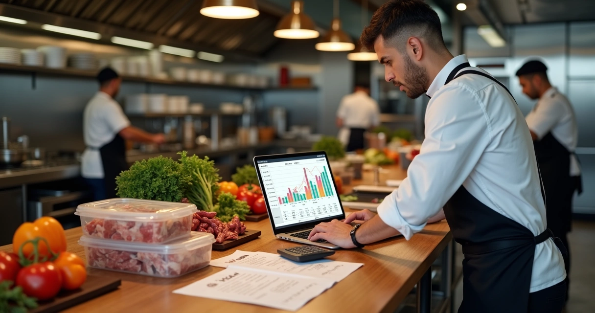 Dono de restaurante analisando gráfico de CMV no laptop sobre mesa com alimentos 