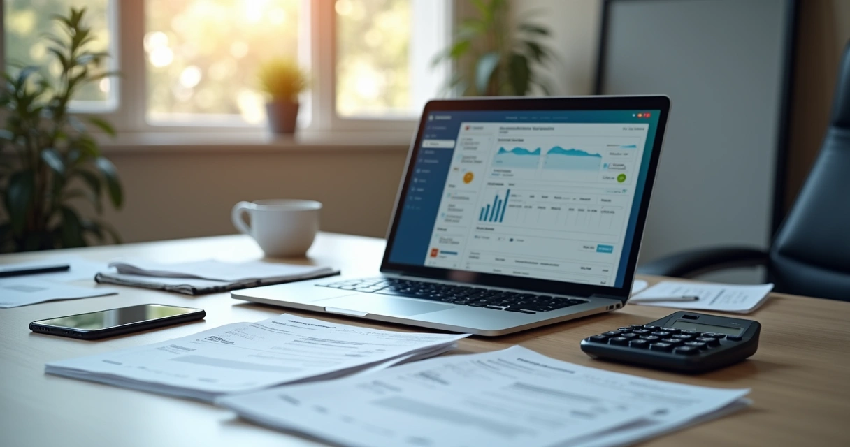 Comparação entre cobrança automática e manual com computador e planilhas financeiras sobre mesa de escritório 
