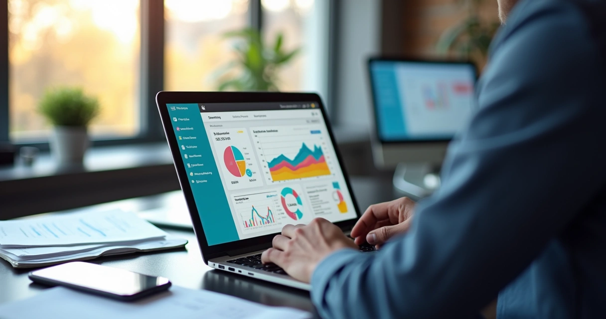 Pessoa usando computador para controlar contas a receber com gráficos e notificações de cobrança ao fundo 