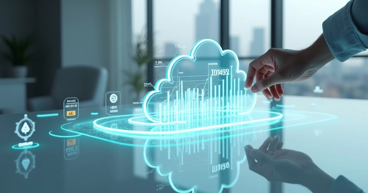 Painel minimalista com gráficos projetados em forma de nuvem sendo ajustados por mão humana 