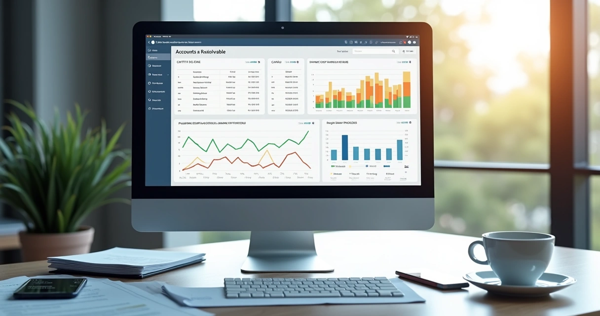 Tela de computador mostrando painel de controle de contas a receber com gráficos e faturas digitais organizadas 