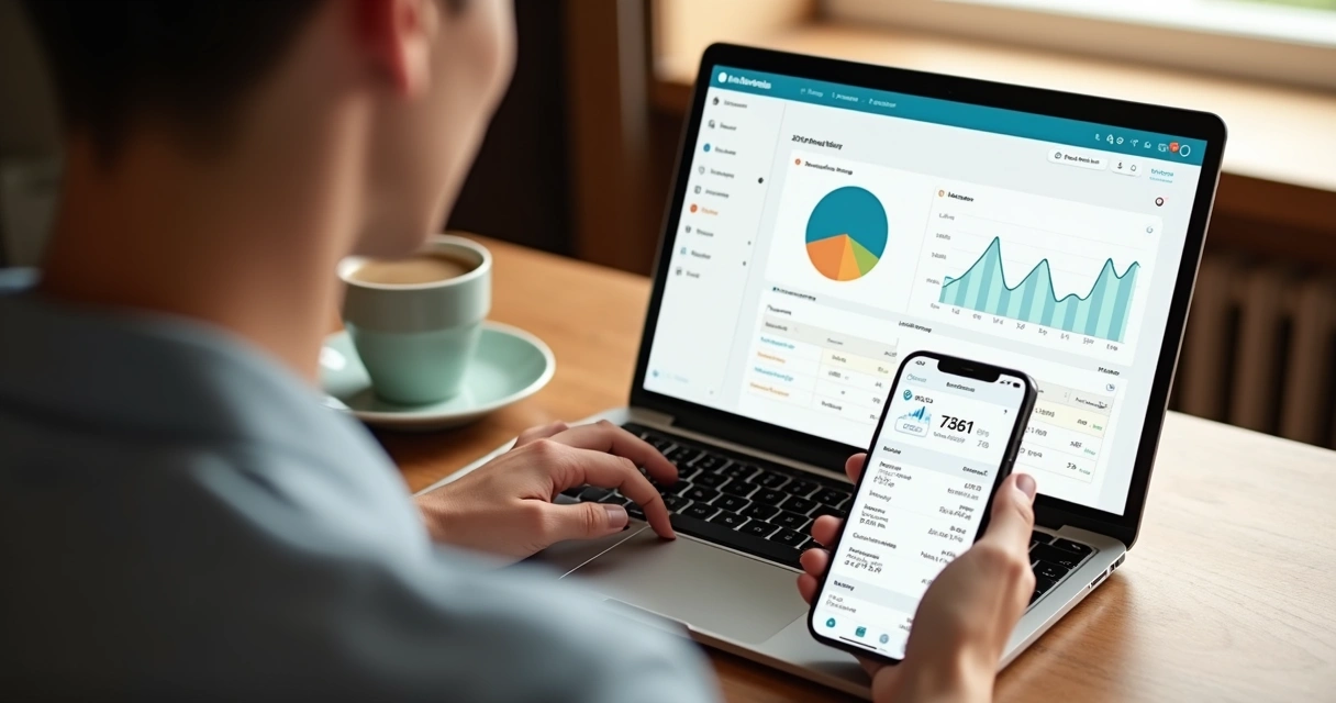 Pessoa usando aplicativo para acompanhar contas mensais no notebook e celular.