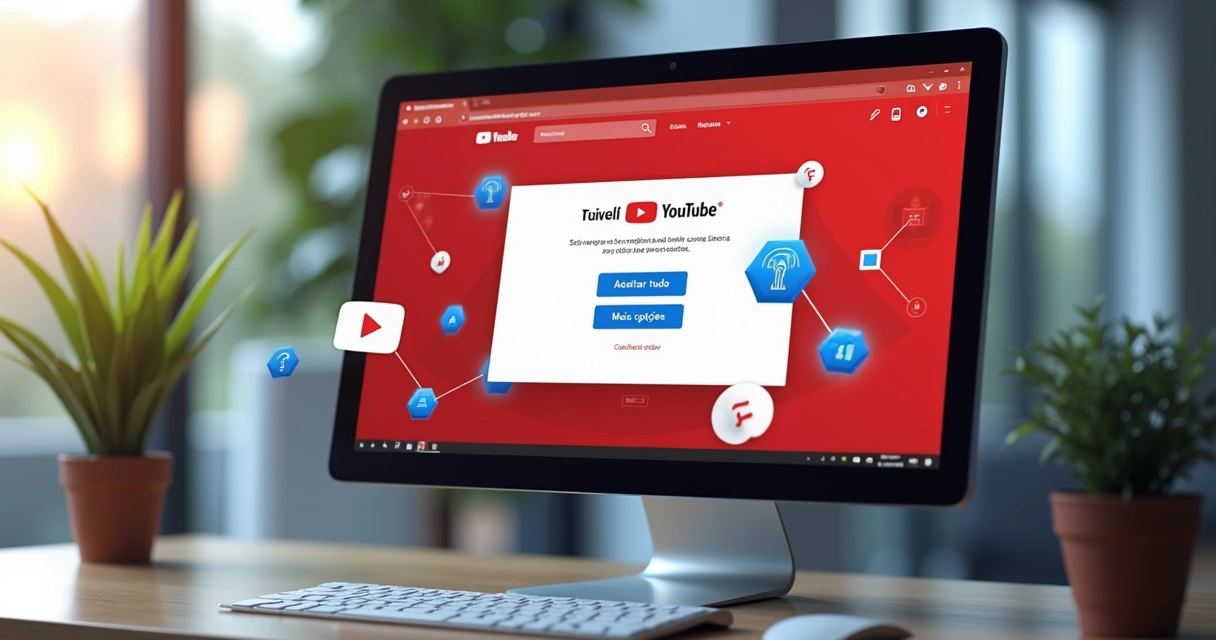 Tela do YouTube mostrando opções para controlar cookies e privacidade com ícones digitais ao fundo 