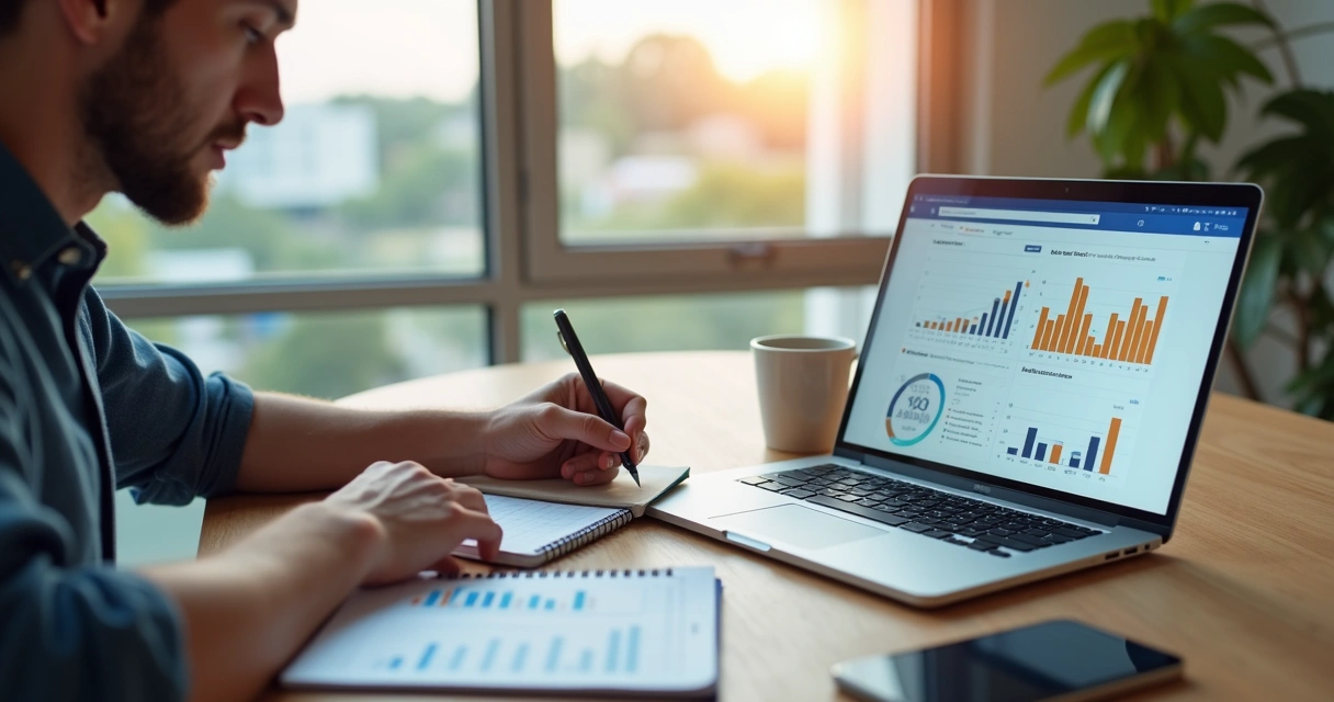 Empreendedor analisando dados de CPA e vendas em um caderno e notebook 