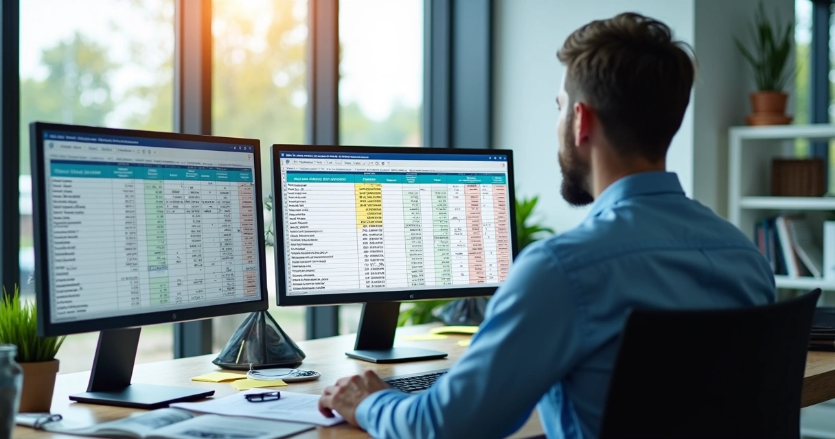 Pessoa analisando fluxo de notas fiscais de autopeças em dois monitores de computador