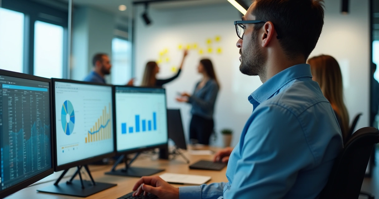 Gestor comercial analisando gráficos e dashboards de vendas em múltiplas telas