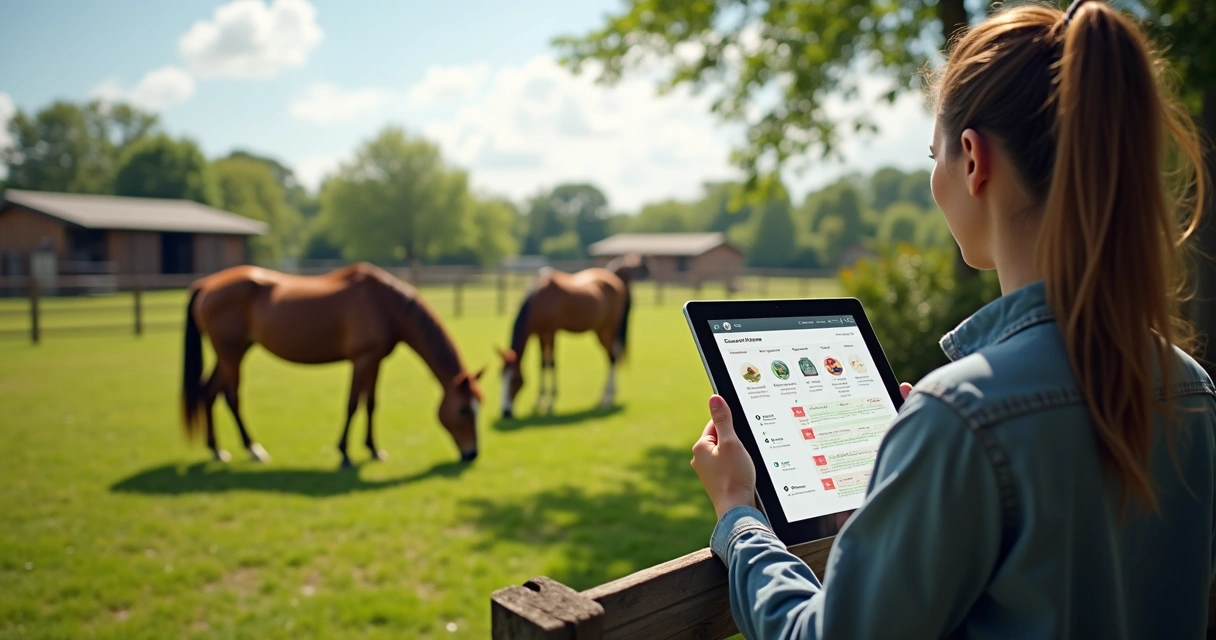 Criador consultando programa de cruzamento em tablet com cavalos ao fundo no pasto 