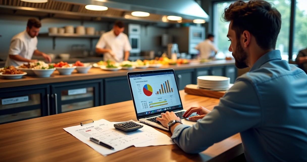 Gestor de restaurante analisando planilhas de custos ao lado de pratos preparados 