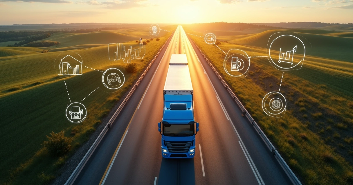 Caminhão visto de cima em estrada com ícones de custos e gráficos sobrepostos 