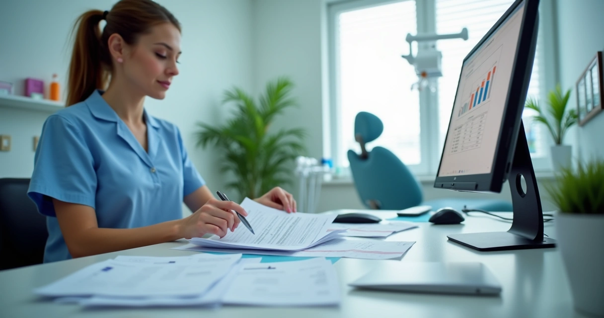 Recepcionista organizando papéis em clínica odontológica